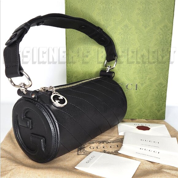 GUCCI black BLONDIE MINI Matelasse Leather Cylinder Interlocking G charm Bag +π - Picture 2 of 11